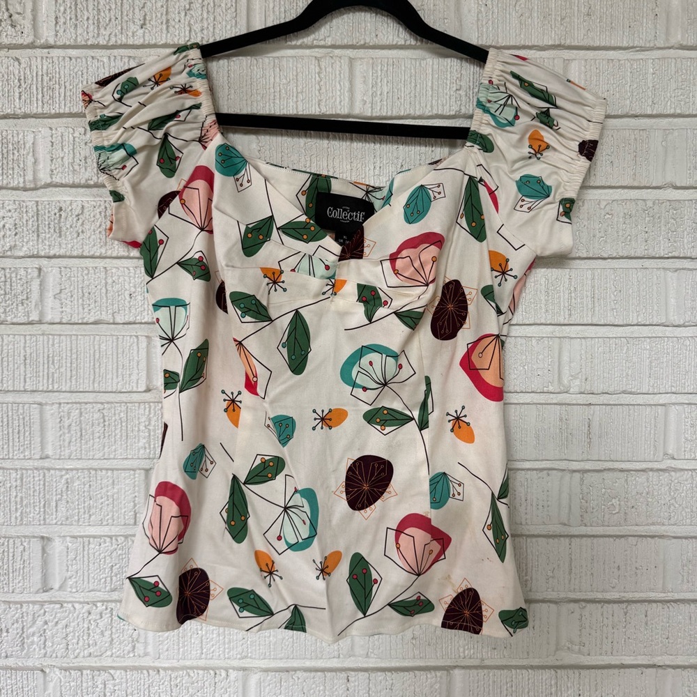 Retro Multicolor Leaf Print Blouse NWOT